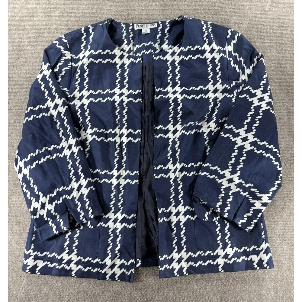 Pendleton Jacket Womens‎ 12 Petite Blue White Plaid Open Silk Career Work Blazer